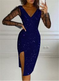 New autumn and winter women's wear hot diamond V-neck wrap hip sexy mesh dress women (Color: Navy Blue, size: S)