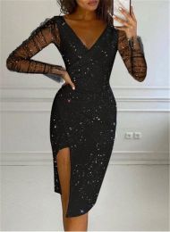 New autumn and winter women's wear hot diamond V-neck wrap hip sexy mesh dress women (Color: Black, size: S)