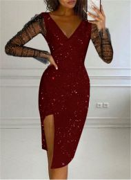 New autumn and winter women's wear hot diamond V-neck wrap hip sexy mesh dress women (Color: Wine, size: Xl)