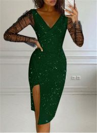 New autumn and winter women's wear hot diamond V-neck wrap hip sexy mesh dress women (Color: Dark Green, size: L)