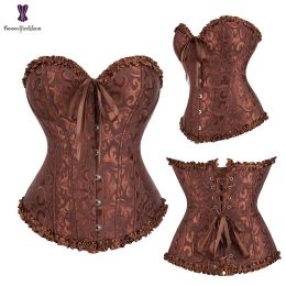 Sexy Women Steampunk Clothing Gothic Plus Size Corsets Lace Up Boned Overbust Bustier Waist Cincher Body Shaper Corselet S-6XL (Color: 810 Coffee, size: M)