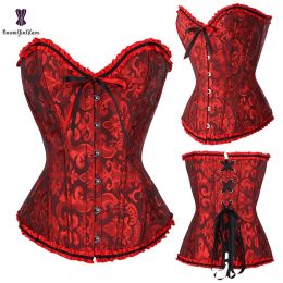 Sexy Women Steampunk Clothing Gothic Plus Size Corsets Lace Up Boned Overbust Bustier Waist Cincher Body Shaper Corselet S-6XL (Color: 810 Dark Red, size: 6Xl)