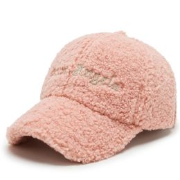 Men Women Teddy Velvet Embroidery Letter SunShade Curved Brim Baseball Cap Winter Sport Sunscreen Plush Warm Adjustable Hat A14 (Color: Pink, size: 56-60Cm)