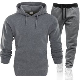 Autumn and winter men's pullover plush hoodie sweater suit solid casual sports suit (Color: Drak Gray, size: 2Xl)