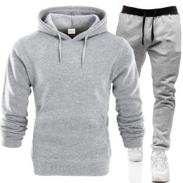 Autumn and winter men's pullover plush hoodie sweater suit solid casual sports suit (Color: Light Gray, size: Xl)