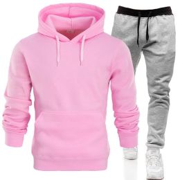 Autumn and winter men's pullover plush hoodie sweater suit solid casual sports suit (Color: Pink, size: 2Xl)