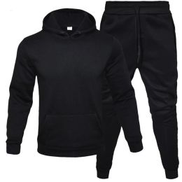 Autumn and winter men's pullover plush hoodie sweater suit solid casual sports suit (Color: Black, size: Xl)