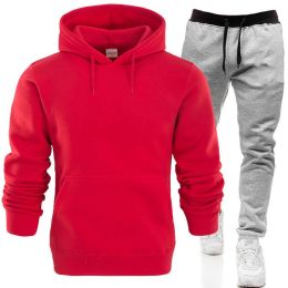 Autumn and winter men's pullover plush hoodie sweater suit solid casual sports suit (Color: Red, size: L)