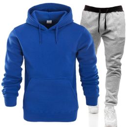 Autumn and winter men's pullover plush hoodie sweater suit solid casual sports suit (Color: Blue, size: 3Xl)