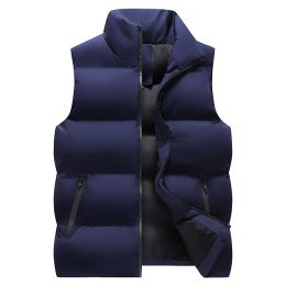 Winter new down vest large size loose casual sports vest men's solid color warm down cotton vest coat sportswear (Color: Drak Blue, size: Xl)
