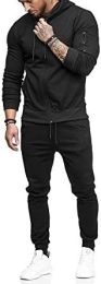 Mens 2 Piece Tracksuit Zipper Hoodie Pants Athletic Tracksuits Casual Hooded Outdoor Sport Suits (Color: Black, size: Xl)