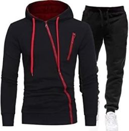 Mens 2 Piece Tracksuit Zipper Hoodie Pants Sport Suit Long Sleeve Stylish Casual Athletic Tracksuits (Color: Black, size: Xl)