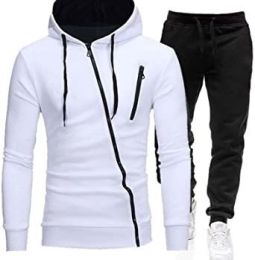 Mens 2 Piece Tracksuit Zipper Hoodie Pants Sport Suit Long Sleeve Stylish Casual Athletic Tracksuits (Color: White, size: Xl)