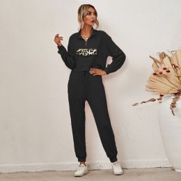 Autumn and Winter New European and American Women's Fashion Leopard Print Long-sleeved Home Wear Casual Suit (Color: Black, size: Xxl)