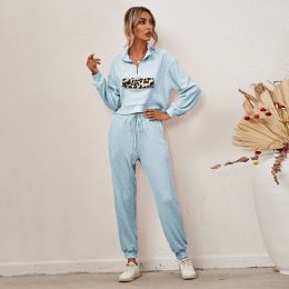 Autumn and Winter New European and American Women's Fashion Leopard Print Long-sleeved Home Wear Casual Suit (Color: Sky Blue, size: Xxl)