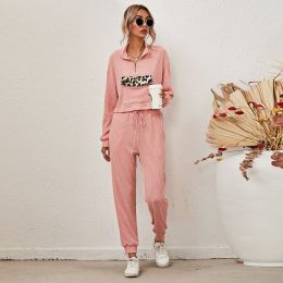 Autumn and Winter New European and American Women's Fashion Leopard Print Long-sleeved Home Wear Casual Suit (Color: Pink, size: Xxl)