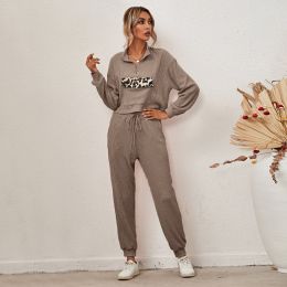 Autumn and Winter New European and American Women's Fashion Leopard Print Long-sleeved Home Wear Casual Suit (Color: Coffee, size: Xl)