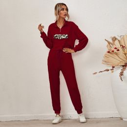 Autumn and Winter New European and American Women's Fashion Leopard Print Long-sleeved Home Wear Casual Suit (Color: Burgundy, size: Xl)