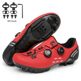 Ultralight Cycling Shoes Mtb Carbon Fiber Road Bike Boots Men Mountain Bicycle SPD Cleats Shoes Women Biking Speed Flat Sneaker (Color: Red Mtb Cleats, size: 43)