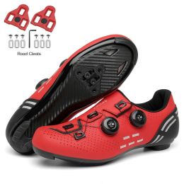 Ultralight Cycling Shoes Mtb Carbon Fiber Road Bike Boots Men Mountain Bicycle SPD Cleats Shoes Women Biking Speed Flat Sneaker (Color: Red Road Cleats, size: 41)