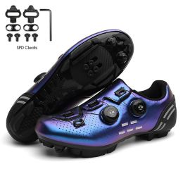 Ultralight Cycling Shoes Mtb Carbon Fiber Road Bike Boots Men Mountain Bicycle SPD Cleats Shoes Women Biking Speed Flat Sneaker (Color: Blue Mtb Cleats, size: 40)