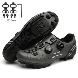 Ultralight Cycling Shoes Mtb Carbon Fiber Road Bike Boots Men Mountain Bicycle SPD Cleats Shoes Women Biking Speed Flat Sneaker (Color: Grey Mtb Cleats, size: 43)