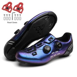 Ultralight Cycling Shoes Mtb Carbon Fiber Road Bike Boots Men Mountain Bicycle SPD Cleats Shoes Women Biking Speed Flat Sneaker (Color: Blue Road Cleats, size: 36)