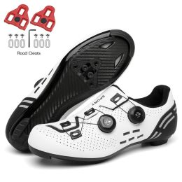 Ultralight Cycling Shoes Mtb Carbon Fiber Road Bike Boots Men Mountain Bicycle SPD Cleats Shoes Women Biking Speed Flat Sneaker (Color: White Road Cleats, size: 44)