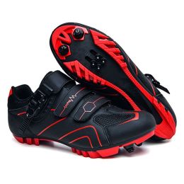 Cycling Sneaker Men Mtb Shoes Self-Locking Cleat Road Bike Boots Flat Bicycle Speed Sneaker Racing Women SPD Pedal Cycling Shoes (Color: Black-Red Mtb, size: 42)