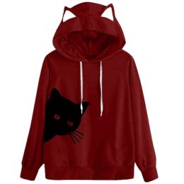 autumn and winter new women's cat head print loose hooded casual sports hoodie (Color: Army Green, size: M)