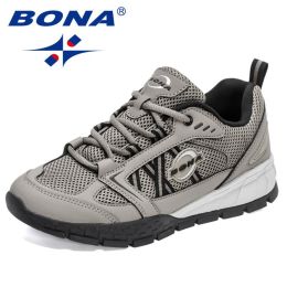 BONA 2022 New Designers Hiking Shoes Leather Wear-resistant Shoe Men Sports Trekking Walking Hunting Jogging Sneakers Mansculino (Color: Medium Grey Black, size: 8)