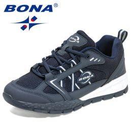 BONA 2022 New Designers Hiking Shoes Leather Wear-resistant Shoe Men Sports Trekking Walking Hunting Jogging Sneakers Mansculino (Color: Deep Blue S Gray, size: 9)