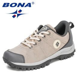 BONA 2022 New Designers Hiking Shoes Men Trekking Sneakers Walking Mountain Outdoor Shoes Man Trail Running Tourism Footwear (Color: Light Beige D Grey, size: 9.5)