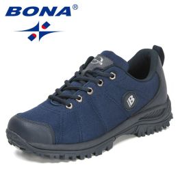 BONA 2022 New Designers Hiking Shoes Men Trekking Sneakers Walking Mountain Outdoor Shoes Man Trail Running Tourism Footwear (Color: Deep Blue S Gray, size: 8.5)