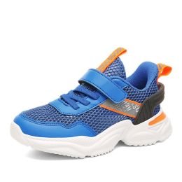 Kids Breathable Hollow Out Single Mesh Sneakers Outdoor Flat Fashion Casual Running Shoes Boy Girl Campus Anti-Slip Sport Shoe (Color: Blue, size: 37)