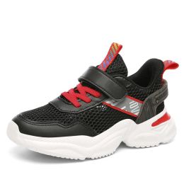 Kids Breathable Hollow Out Single Mesh Sneakers Outdoor Flat Fashion Casual Running Shoes Boy Girl Campus Anti-Slip Sport Shoe (Color: Black, size: 30)