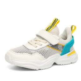 Kids Breathable Hollow Out Single Mesh Sneakers Outdoor Flat Fashion Casual Running Shoes Boy Girl Campus Anti-Slip Sport Shoe (Color: Beige, size: 36)