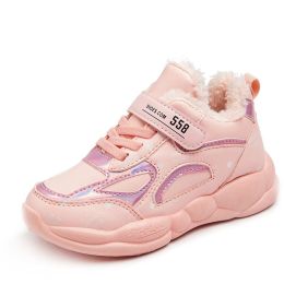 Winter Children Cotton Shoes Plus Velvet Keep Warm Sneakers For Girls Kids Warm Plush Running Shoes Ladies Soft Shoes Anti-slip (Color: Pink, size: 35)