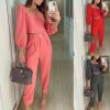 Spring Autumn Short Top Trousers 2 Piece Set Women Casual Sportswear Suit Square Collar Slim Fit Loose Solid Fashion Streetwear